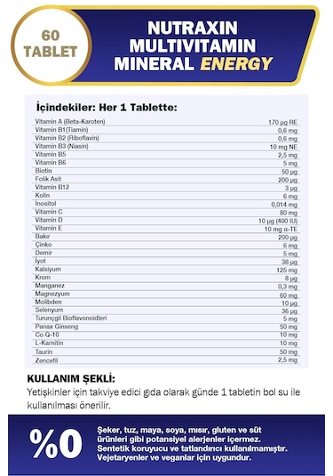 Nutraxin Multivitamin Mineral Energy Tıredness Fatıgue2x60 Tablet