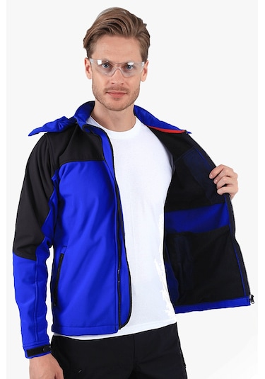 Çift Renkli Kapüşonlu Softshell Mont Saks Mavi - Siyah