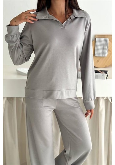 Neşeli Butik Kadın Polo Yaka Modal Uzun Kollu Eşofman Takımı Nbtg108 Açık Gri