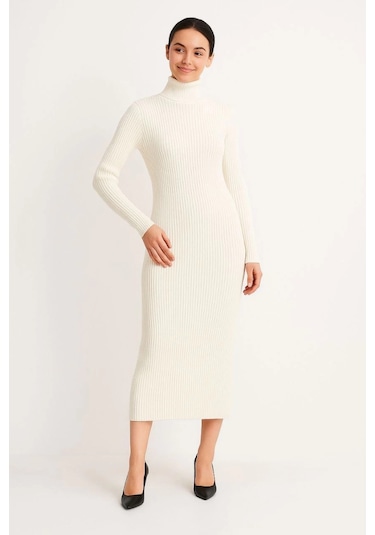 Kadın Boğazlı Triko Elbise Uzun Fitilli Esnek Dokuma, Tam Kalıp, Kışlık & Baharlık Şık Rahat Stil, Beyaz