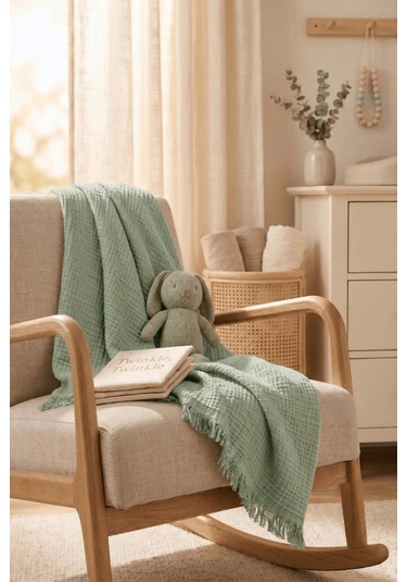 Müslin Püsküllü 4 Katlı Müslin Battaniye 90x120 Cm - Ze4katlı Yeşil