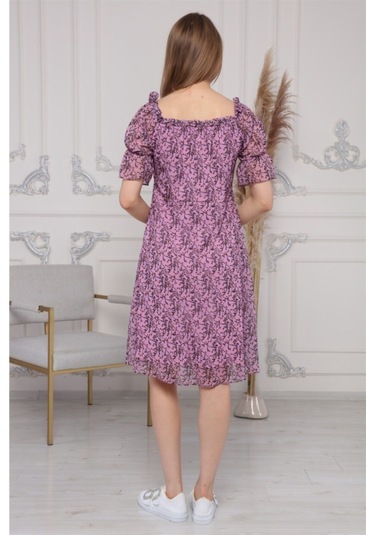 Kadın Madonna Yaka Çıtır Desenli Şifon Elbise 3903/95 001