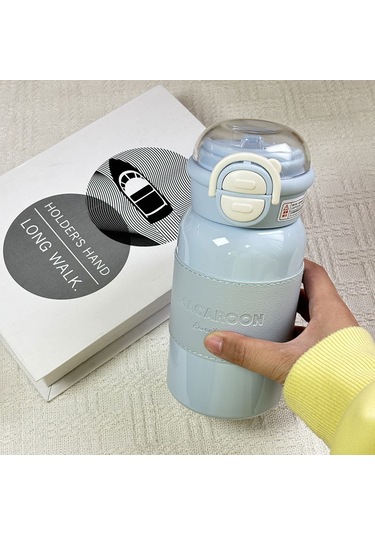 Planet Termos Kupası Kızlar Basit Ve Yüksek Yüz Değeri Çift İçme Kupası Öğrenci Taşınabilir Paslanmaz Çelik Deri Kılıf Pipet Su Bardağı Mavi-bw037