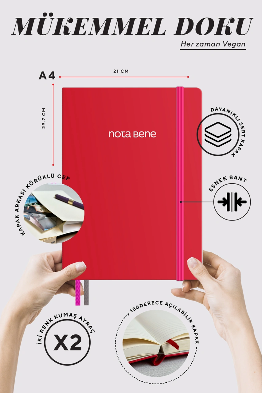 Nota Bene Premium Sert Kapak Defter, 21x29 Cm, Çizgili Red