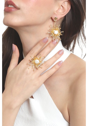 Labalaba Kadın Altın Renk Kaplama İnci Detaylı Büyük Güneş Yüzük& Küpe Seti Altın