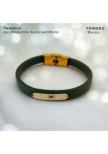 Archin Yengeç Burçlarına Yeşil Derili 14 Ayar Altın Plakalı Dikdörtgen Motifli Hediye Bileklik-371burç Yengeç