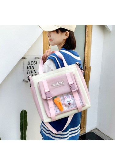 Mufunye Klasik Kumaş Çanta Seti Sırt Çantası + El Çantası + Clutch + Kalem Kutusu - Pembe Renkli Yumuşak Dokuma, Geniş Kapasite, Sevimli Ayı Figürü İle Dekore Çok Renkli