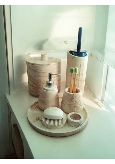 Mermer Desen Bej Beton Banyo Seti,tuvalet Fırçası,çöp Kovası,katı,sıvı Sabunluk,sunum Tepsi,mumluk. Bej
