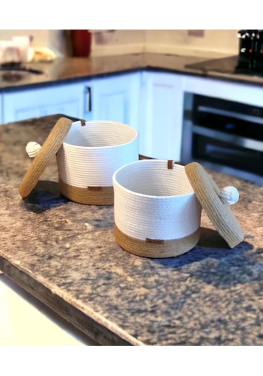 Hasır Sepet, 2'li Kapaklı Dekoratif Sepet