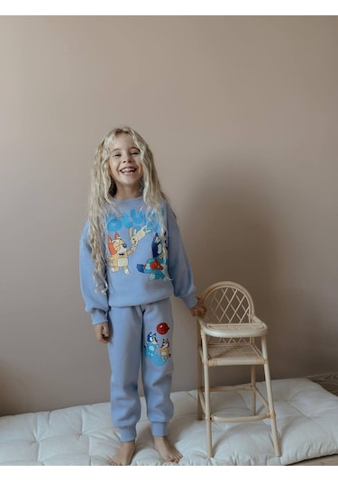 Kız Çocuk Bluey Modelli 3 İplik Şardonlu Eşofman Takımı Lila