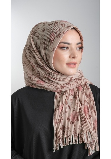 Bej Pratik Hazır Geçmeli Tesettür Eşarp Kesik Elyaf Piliseli Çiçe (553629989) Bej