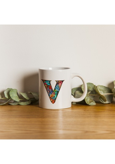 V Harfi Bardak 330 Ml İsme/harfe Özel Hediye, Renkli Harf Tasarım Beyaz