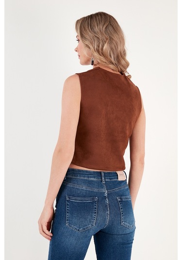 Lela Fitted Scuba Süet V Yaka Düğmeli Bayan Yelek 5865576 Taba