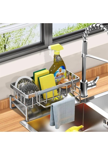 Geeroyoo Paslanmaz Çelik Mutfak Lavabo Organizatörü - Otomatik Boşaltmalı, Gri Renk, Havlu Askısı İlaveli Gümüş