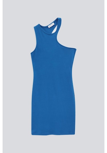 ASİMETİK OMUZ KISA ELBİSE SAKS MAVİ Saks Mavisi