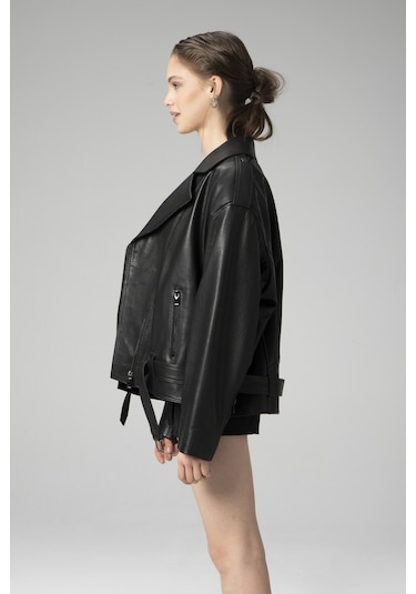 Siyah Dericlub Wm031 Jumbo Oversize Biker Gerçek Deri Unisex Mont