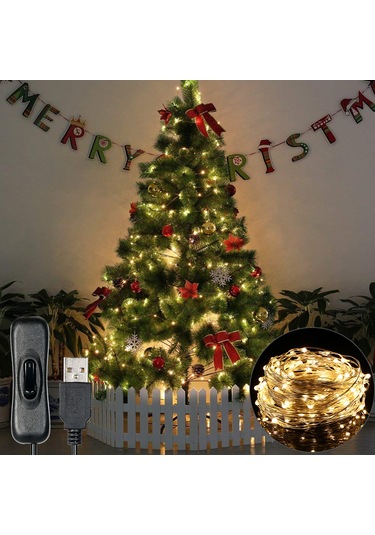 Honmex Usb Led Gümüş Tel Işık Zinciri, 10 Metre 100 Işık, Bağımsız Anahtar, Sıcak Beyaz Renk, Dekoratif Işık Beyaz