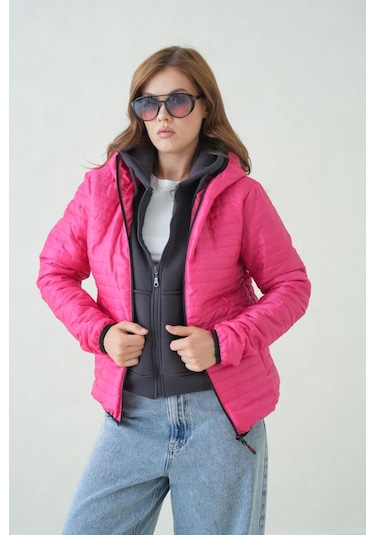 İçi Astarlı Su Ve Rüzgar Geçirmez Cepli Kapüşonlu Kadın Mont Fuşya