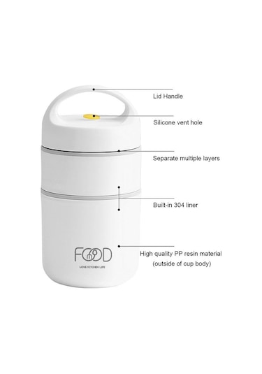 Beyaz 304 Paslanmaz Çelik Vakum Termal Öğle Yemeği Kutusu 680 Ml