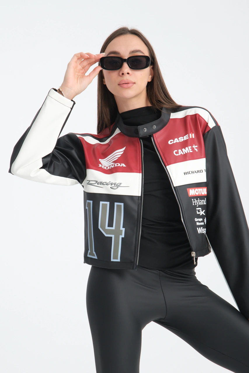 Kadın Oversize Baskılı Deri Şeritli Motorcu Montu Garnili Fermuarlı Yarışçı Ceketi Bomber Kolej Mont Kırmızı