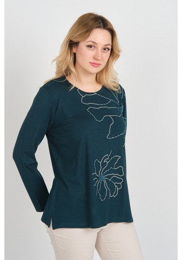 Detay Triko Kadın Boncuk İşlemeli Desenli Uzun Kol Anne Bluz 5737 Zümrüt Zümrüt