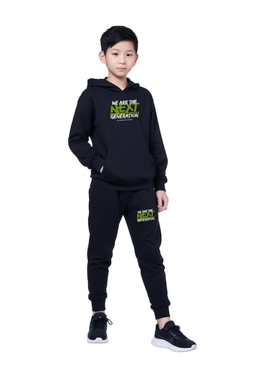 Kanguru Cepli Kapüşonlu Next Baskılı Erkek Çocuk Eşofman Takımı Siyah