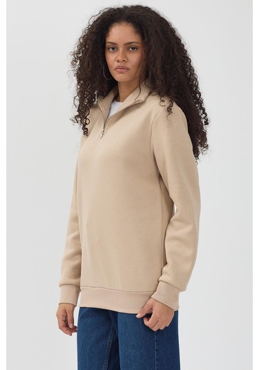 Unisex Regular Fit Rahat Kesim Pamuklu Içi Polarlı Yarım Fermuarlı Bej Dik Yaka Sweatshirt Bej