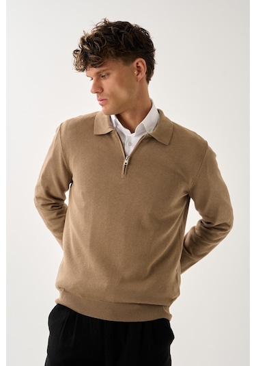 Fermuarlı Polo Yaka Kazak Vizon