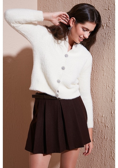 Lela Fitted Fit Bisiklet Yaka Yumuşak Dokulu Crop Bayan Hırka 4615559 Ekru