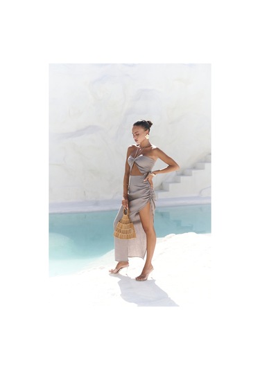 Mai Collection Abrossa Boyundan Bağcıklı Asimetrik Füme Keten Elbise Füme