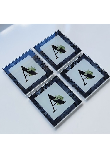 Decorita Cam Bardak Altlığı Harfli Tasarım A Harfi 4'lü Takım 10 CM x 10 CM Çok Renkli