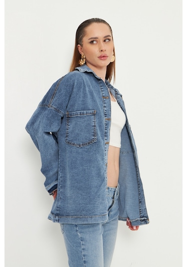 Oversize Kadın Jean Ceket Effect Orta Mavi