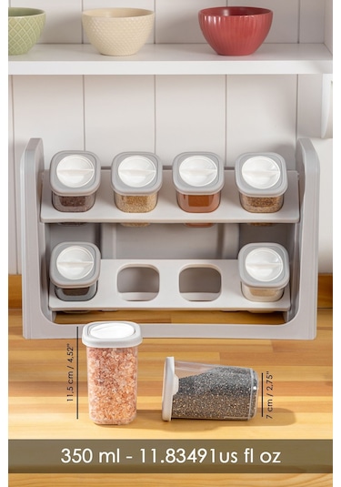 8'li Standlı, Kilitlenebilir Kapaklı Hava Almaz Baharatlık Seti - Bej