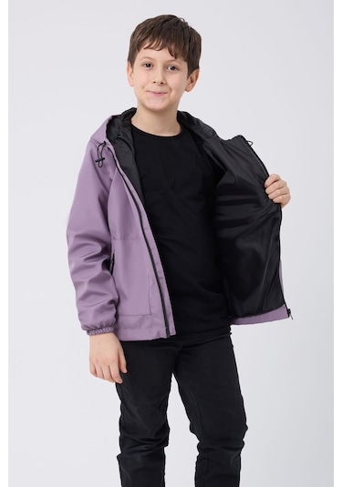 Erkek Çocuk Mürdüm İçi Astarlı Su Ve Rüzgar Geçirmez Kapüşonlu Çift Fermuarlı Cepli Mont Mürdüm