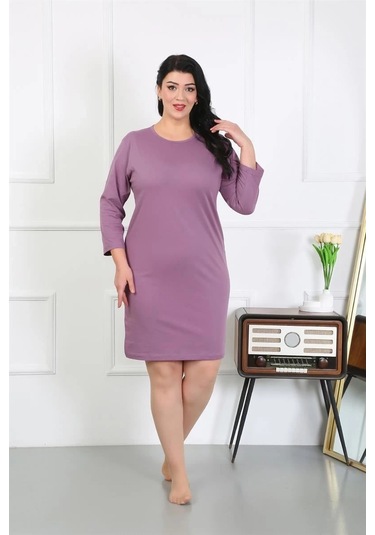Giyim Kadın Büyük Beden Penye Gecelik Ev Elbisesi Mürdüm Mürdüm