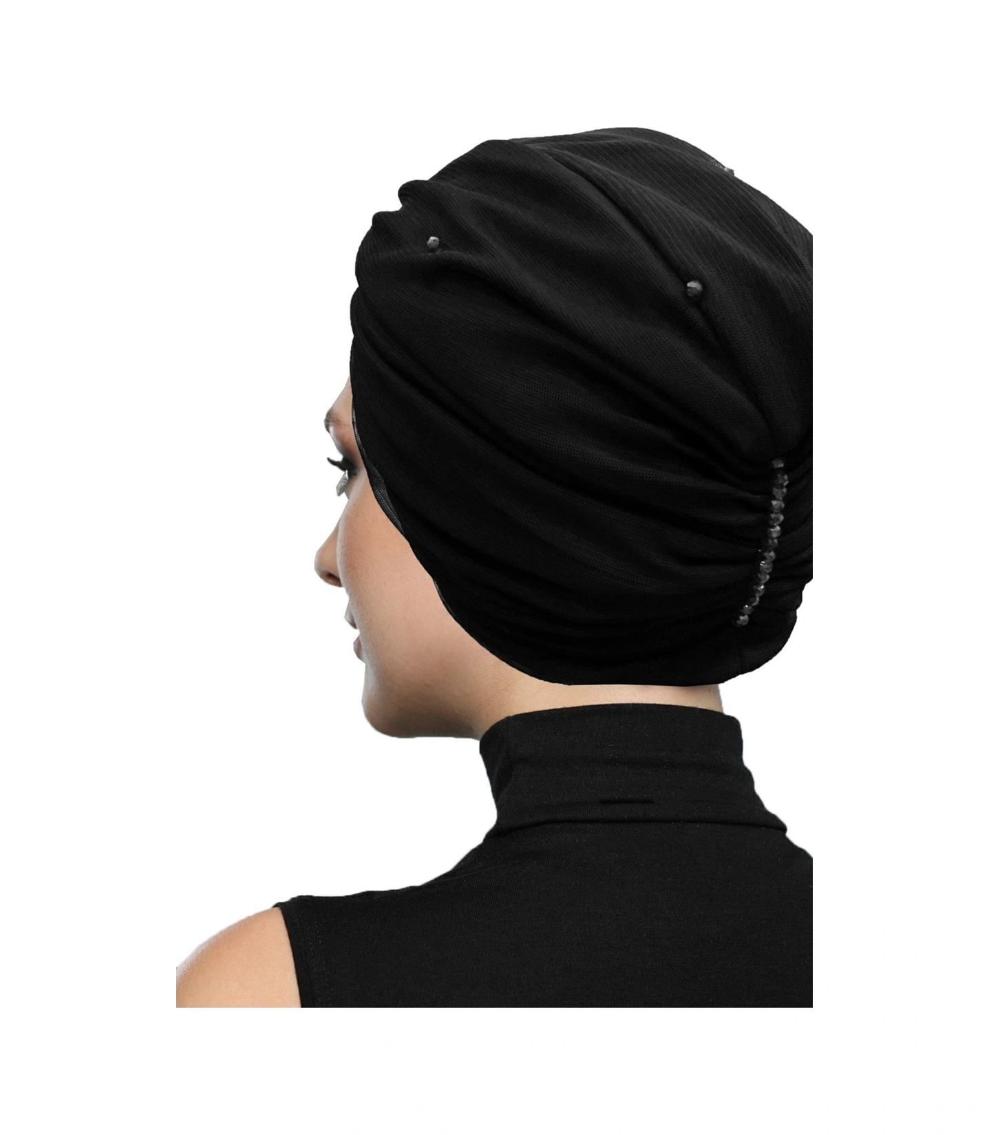 Kristal Tüllü Astarlı Siyah Hazır Türban Tesettür Abiye Bone Siyah