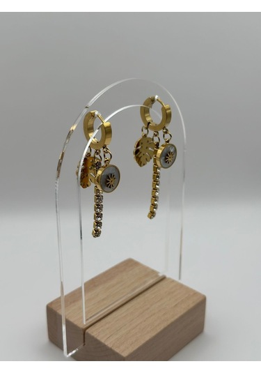 Arnes Jewelry Çelik Sallantılı Zirkon Taşlı Yapraklı Küpe Ar253nes Gold