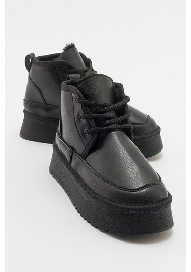 Luvishoes Ovela Siyah Cilt Kalın Taban Bğcklı Kadın Spor Bot Sıyah Cılt