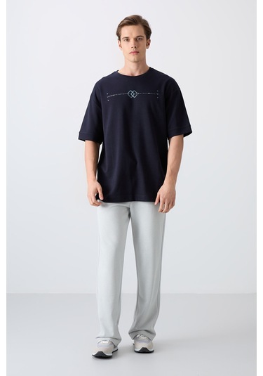 Tommy Life Lacivert Pamuklu Kalın Yumuşak Dokulu Oversize Fit Baskılı Erkek T-shirt - 88323 Lacivert