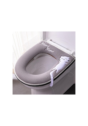 Gri 1 Adet Evrensel Klozet Kapağı Banyo Fermuarlı Tuvalet Kapağı Ped Kış Kalınlaşma Sıcak Yıkanabilir Kedi Karikatür Sevimli Klozet Kapağı