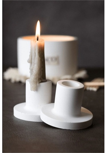 2'li Beyaz Betondan Şamdan Mumluk, Şamdan Mumluk, Beyaz Uzun Mumluk, Minimal Şamdan Mumluk. Beyaz