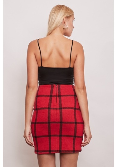 Kışlık Yünlü Kumaş Yüksek Bel Diz Üstü Kalem Etek-Kırmızı Kareli