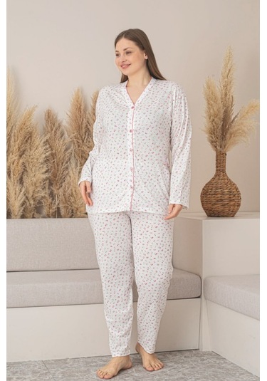 X-dreamy Büyük Beden Pamuklu Çiçekli Önden Düğmeli Pijama Takımı Ekru