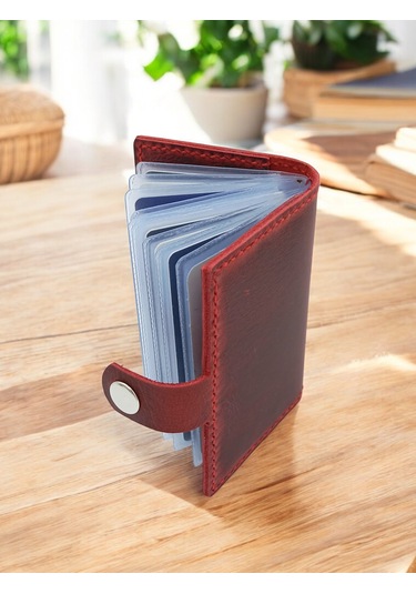 Cronder Hakiki Deri Şeffaf Bölmeli Kartlık Cüzdan Kırmızı