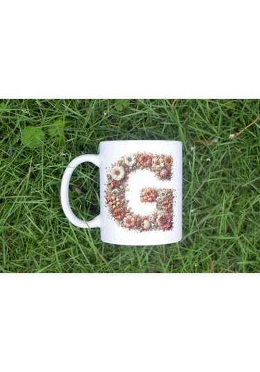 G Harfi Çiçek Desenli Kupa Bardak - Alfabe Harfleri İle Doğal Çiçekli Kupa - Hediye Fikir Beyaz