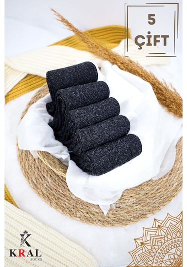 Kral Socks Erkek Kışlık Termal Etkili 5'li Paket Lambswool Kuzu Yün Çorap Siyah