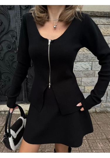 İkili Fermuarlı Hırkalı Etekli Takım - Siyah Siyah