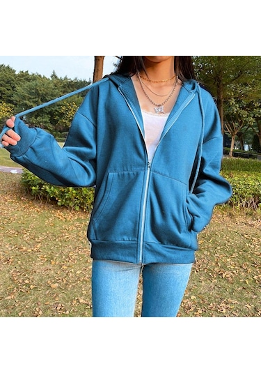 Mavi Kazak Hoodie Büyük Boy Kapşonlu Hırka Tişörtü Gri Kadın Giyim Katı Fermuarlı Kapüşonlular Sonbahar Kadın Uzun Kollu Tops Mavi
