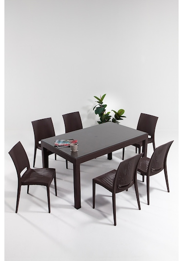 Rattan Large Camlı Kahve Masa Takımı Bahçe&balkon 1 Camlı Masa + Kahverengi