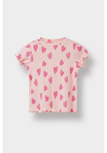 DeFacto Kız Bebek 2'li Takım Desenli Fitilli Kaşkorse Kısa Kollu Tişört Şort E0724A525SMPN127